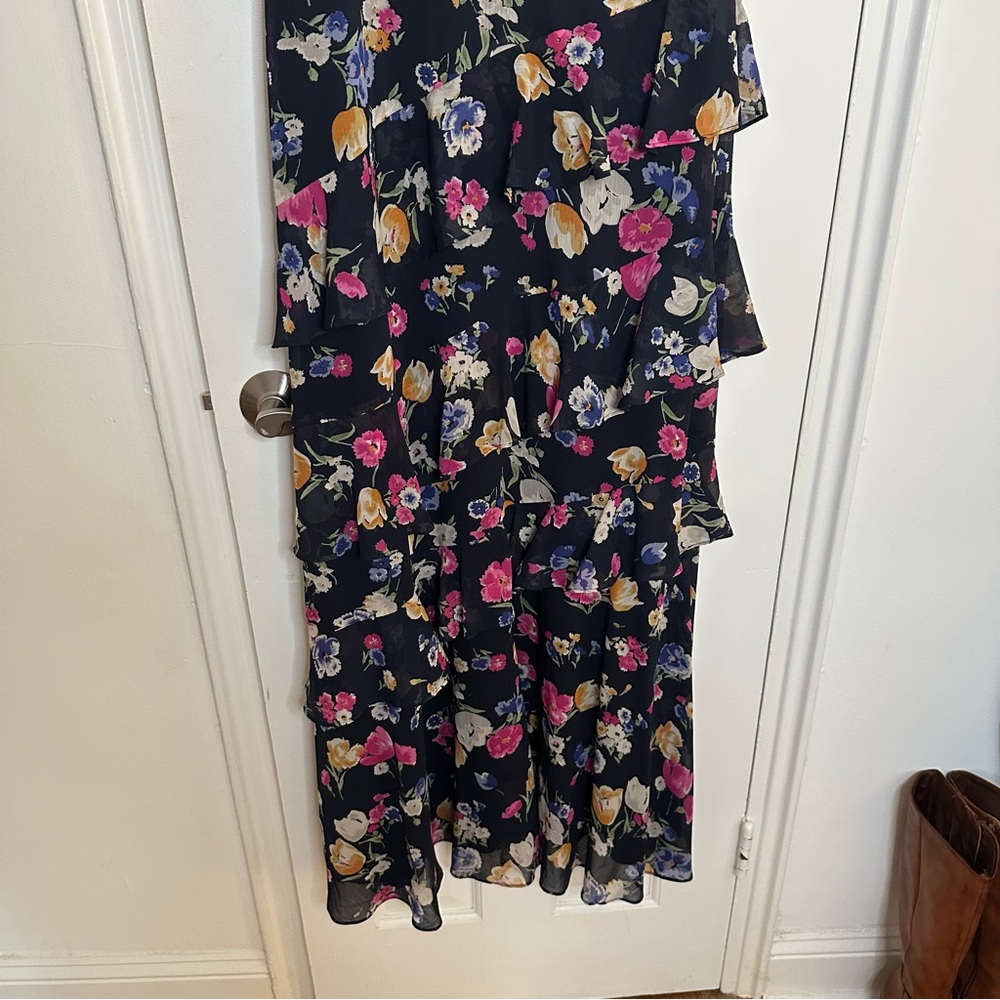 Lauren Ralph Lauren Floral Crinkled Georgette Dress Blue Tiered Ruffle Beaded 6 - Picture 7 of 12